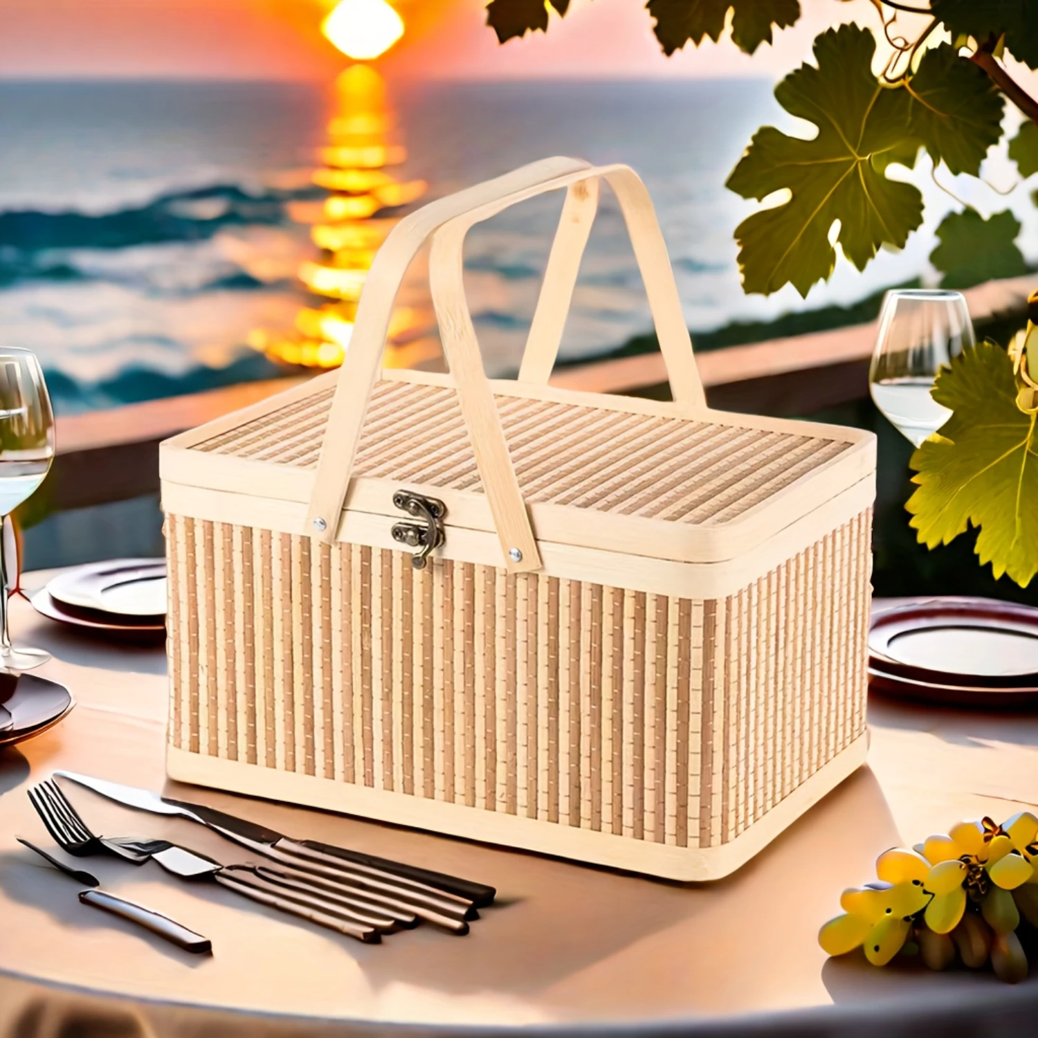 Vintage-Style Bamboo Picnic Basket - Portable & Durable For Outdoor, Camping, Beach, And Shopping