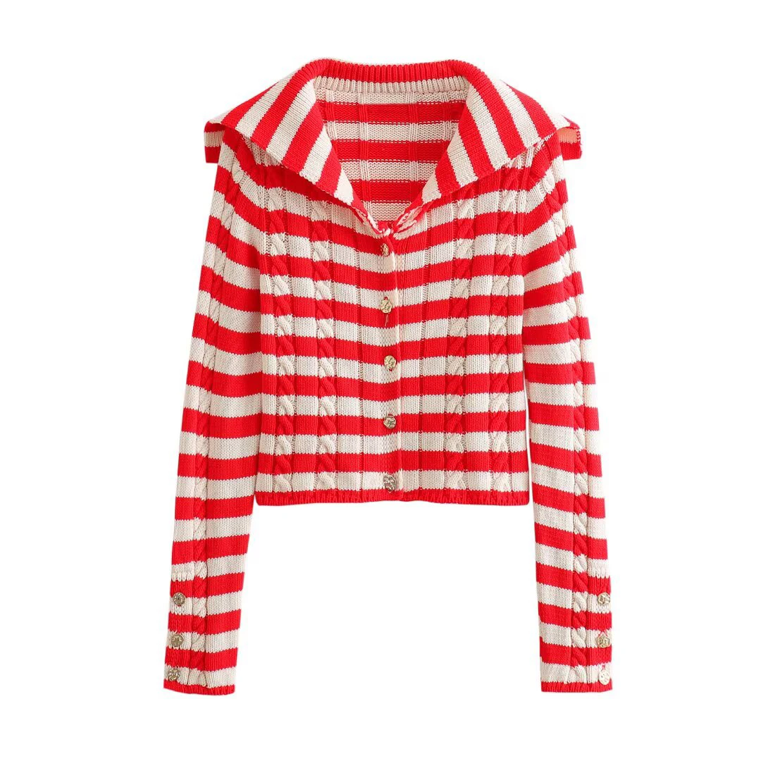 

European and American style 2025 spring new women's contrasting striped knitted short jacket sweater cardigan