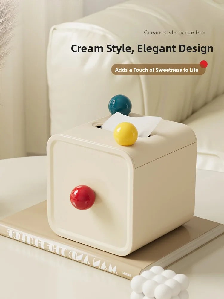 Cute Creamy Style Roll Paper Towel Box Desktop Living Room Coffee Table Creative Storage Organizer Square Shape Plastic Box