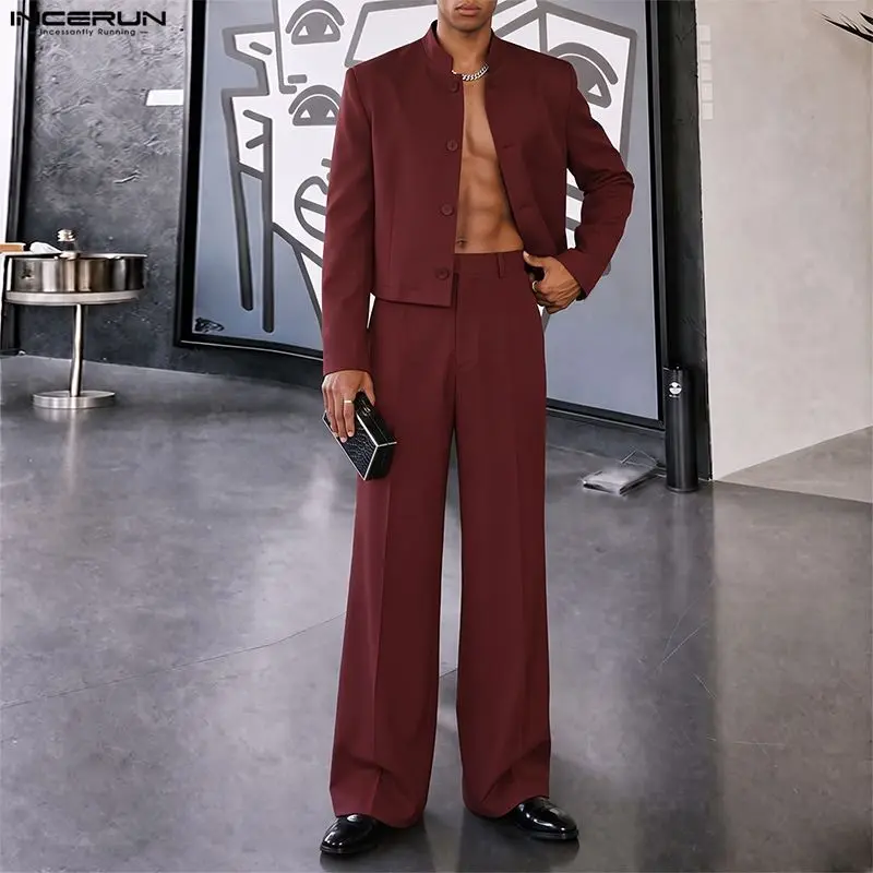 INCERUN Men's Sets Solid Color Stand Collar Long Sleeve Crop Jackets Pants Two Piece Sets Streetwear Vintage Men Matching Sets