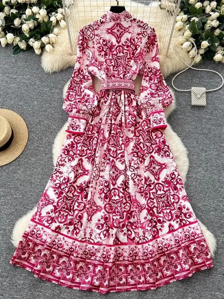 女性用磁器マキシドレス,赤,青,白,スタンドアップカラー,シングルブレスト,ベルト,ロングドレス,ルーズフィット,春と秋の休暇