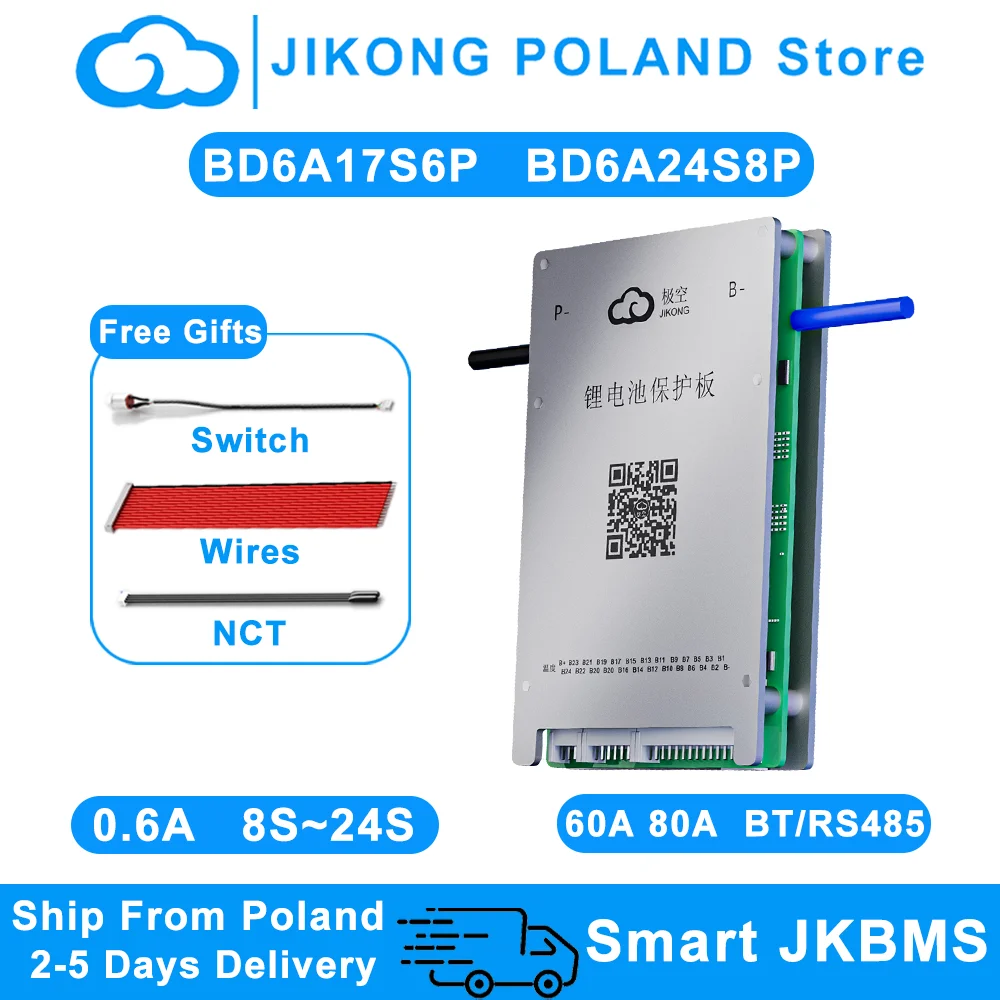 JIKONG JKBMS BD6A17S6P 8S~24S Corrente 0.6A Bilanciamento attivo Smart BMS 60A 80A con RS485 BT per batteria Li-ion LiFePo4 Lto JK BMS