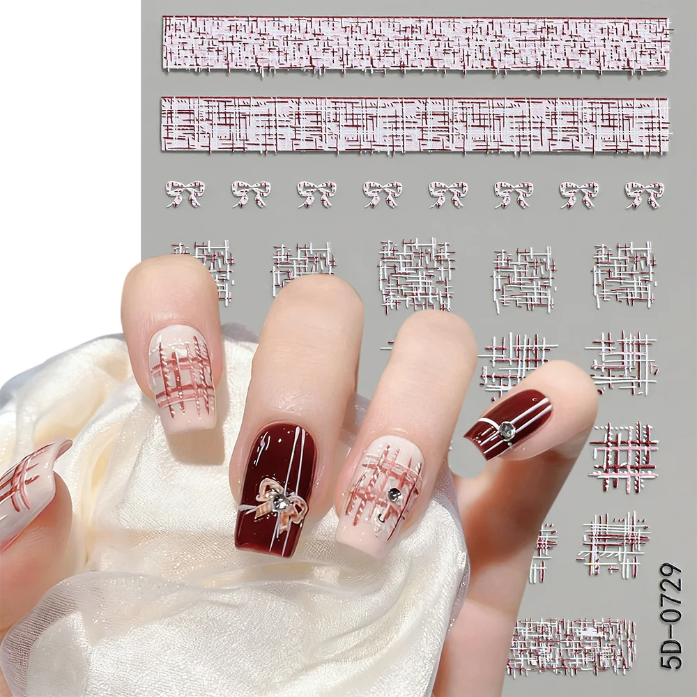 5D Embossed Plaid Nail Stickers Pink White Gradient Grid Bow Nail Art Decals Self-Adhesive Nail Sliders For Manicure Decoration