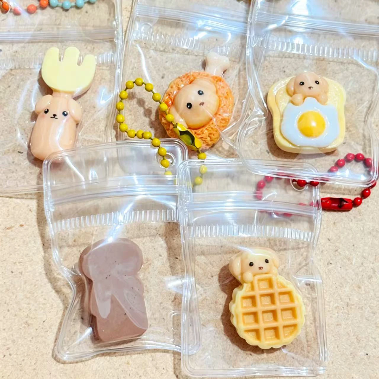 5pcs Cute Puppy Food Series Resin Keychain Charms Cartoon Dog Food Pendant DIY Bag Phone Case Decoration