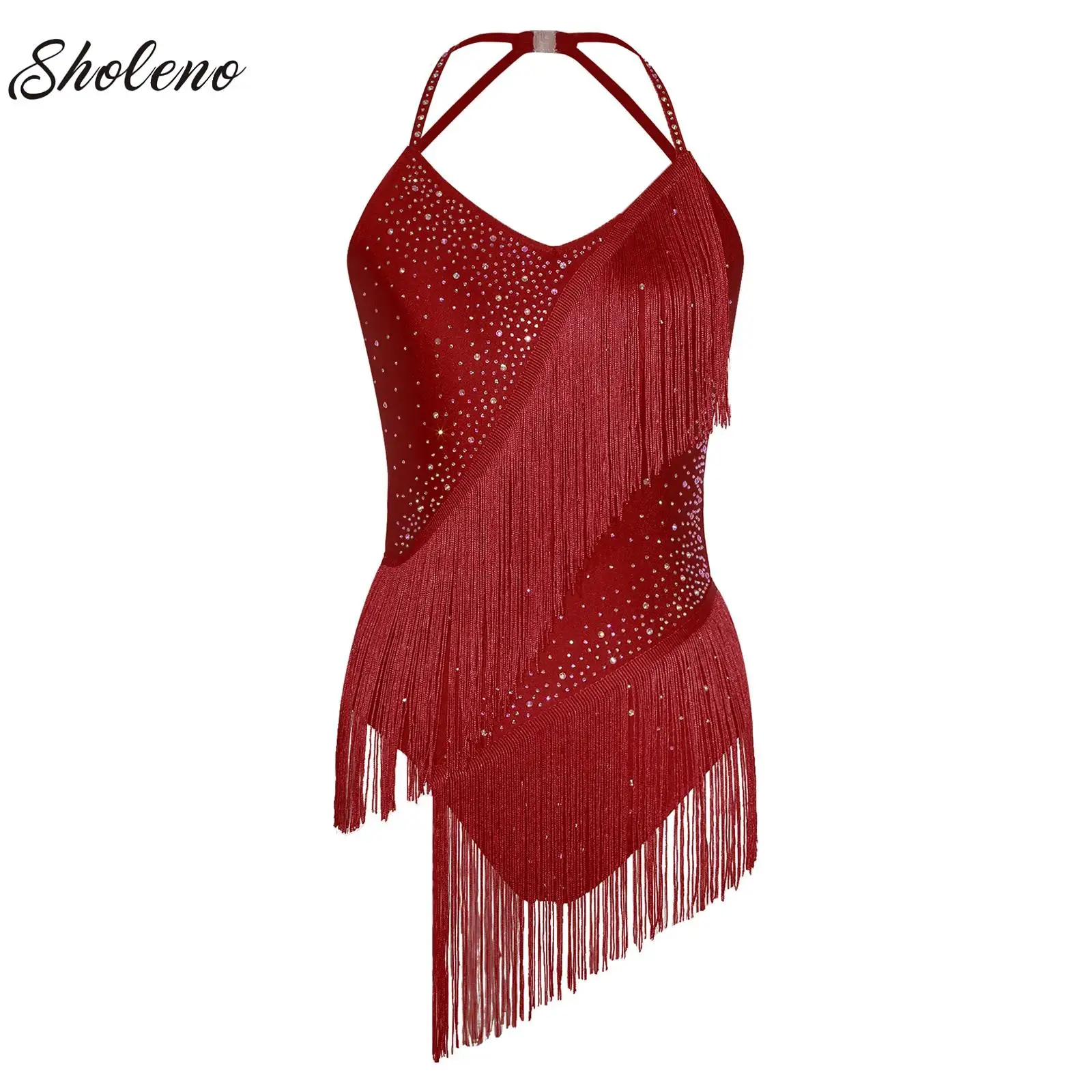 Vrouwen Kwastje Latin Dans Turnpakje Jurk Strass Cha-cha Samba Tango Kostuums Sheer Mesh Fringe Een Stuk Bodysuit Dancewear