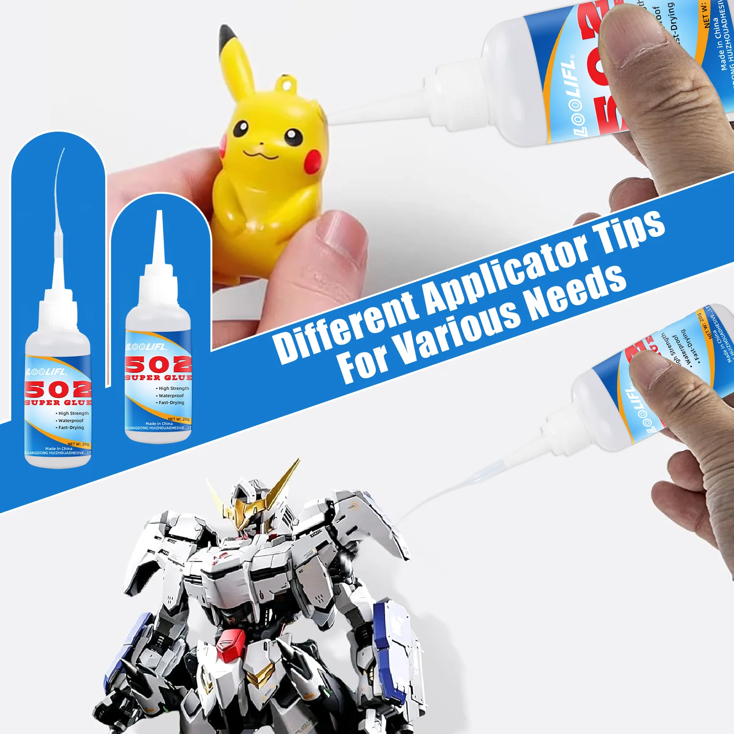 

502 super fast-drying adhesive, which is used for daily repair of toys, plastics, wood and metals, is transparent and tasteless.