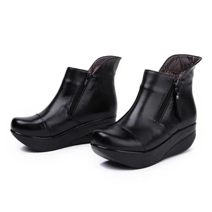SNURULAN  Vintage Zipper Women Boots Black Genuine Leather Wedges Swing Shoes Warm Plush Winter Shoes Round Toe Platform Shoes
