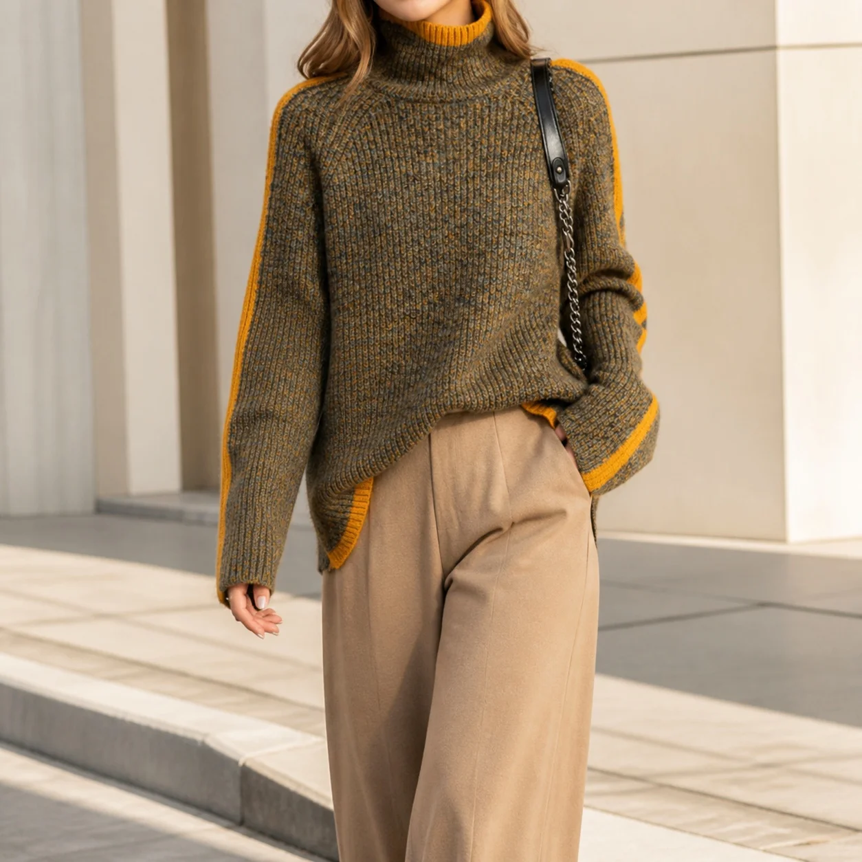 Women's Winter Clothing Turtleneck Long Sleeve Oversized Thick Knit Sweater Japanese Style Color Block Striped Jacquard Regular