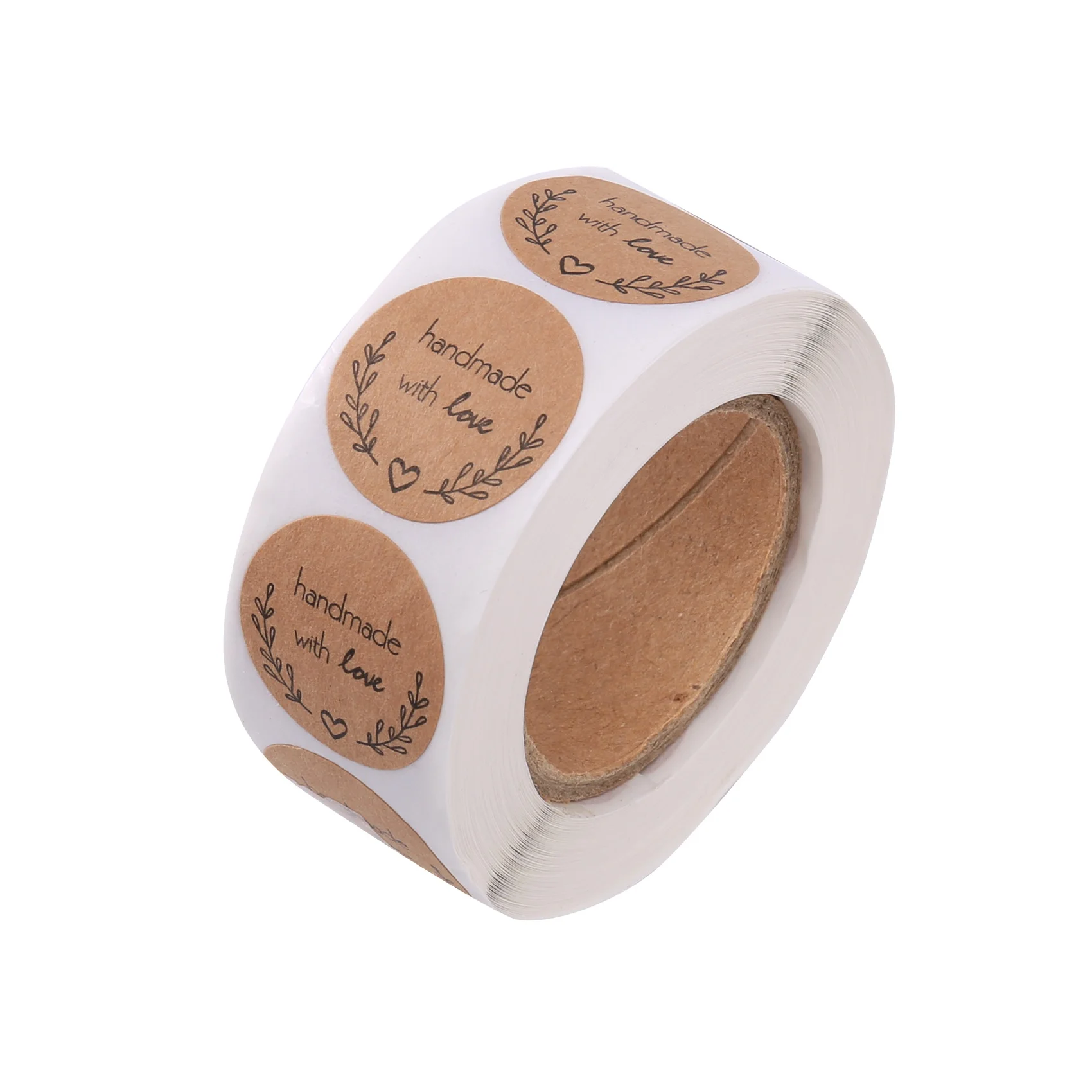 1 Inch Round Natural Kraft Olive Branch Handmade With Love Stickers / 500 Labels Per Roll