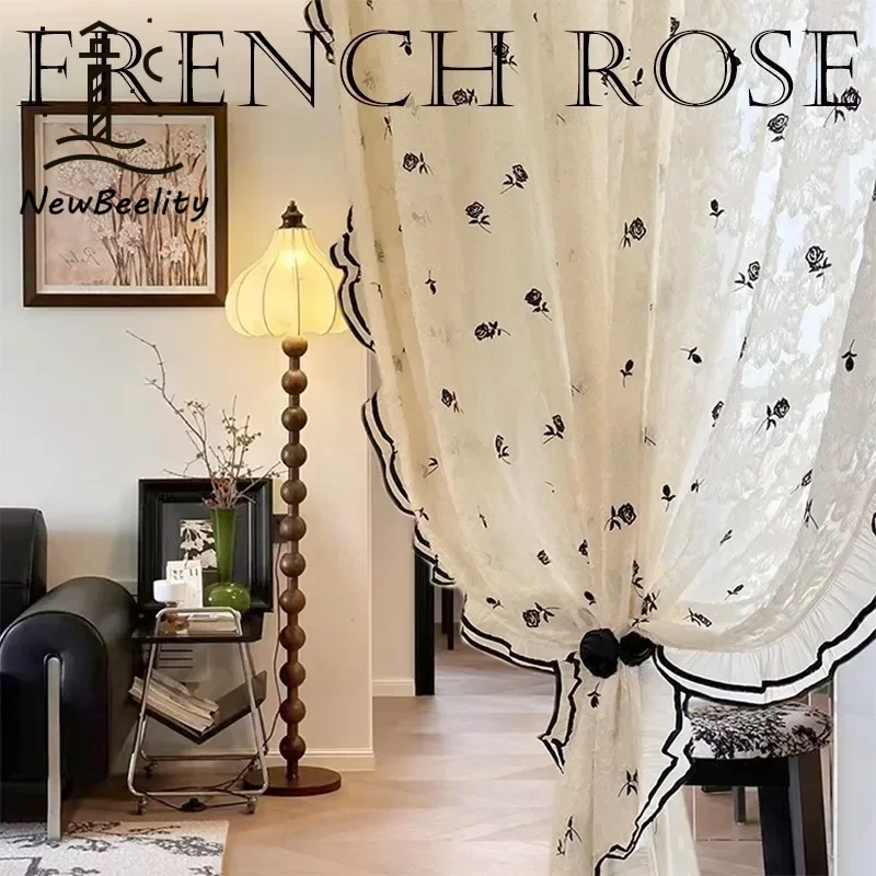 Black Embroidered Rose French Medieval Style Creamy Style Window Curtains for Living Room Bedroom Dining Romantic Lace Tulle