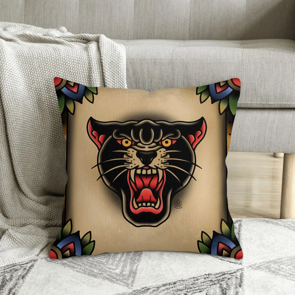 Tattoo Panther  Polyester Cushion Cover For Sofa Office Decorative Reusable Coussincase