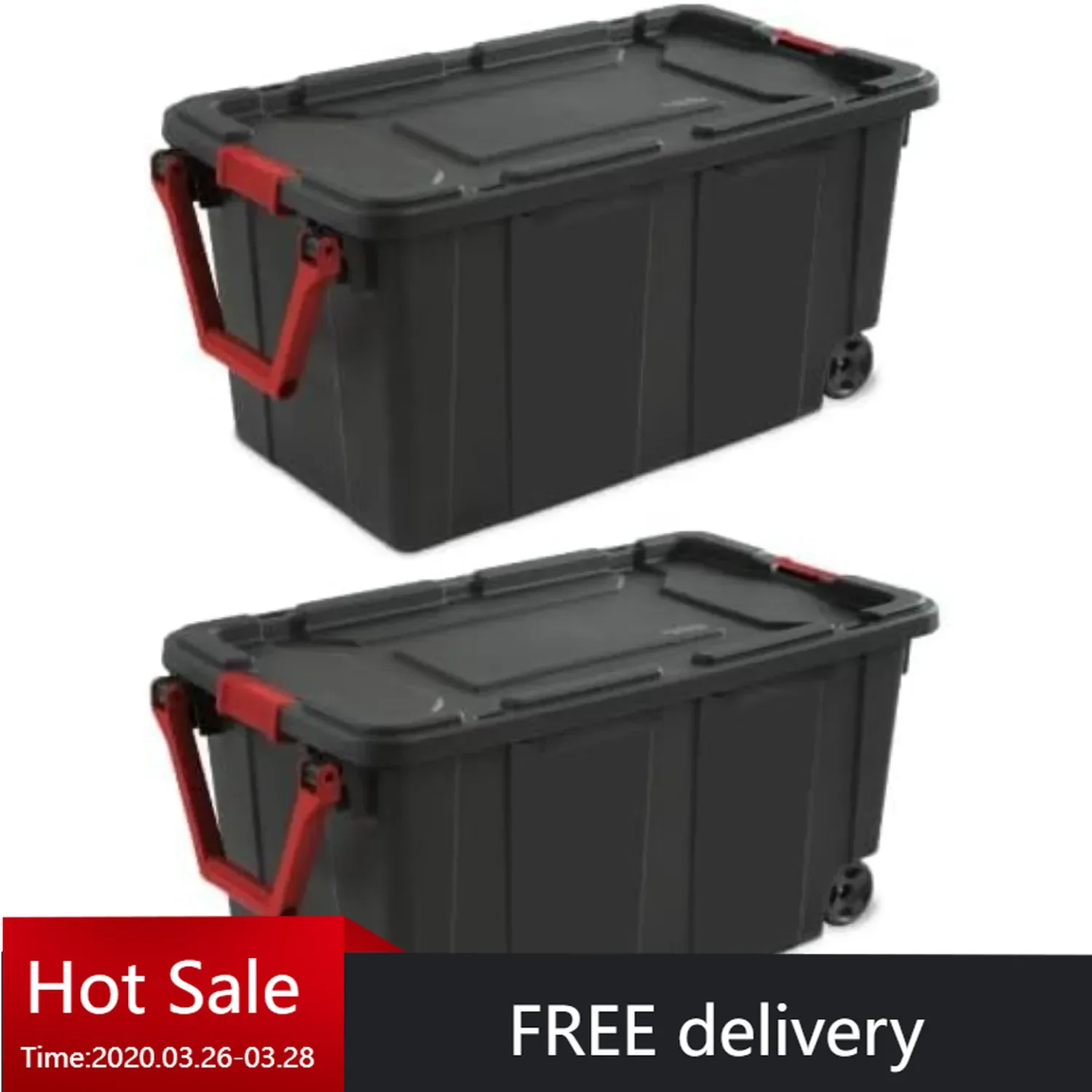 Set of 2 Black 40 Gallon Industrial Tote Plastic Bins with Wheels - Convenient Storage Solution