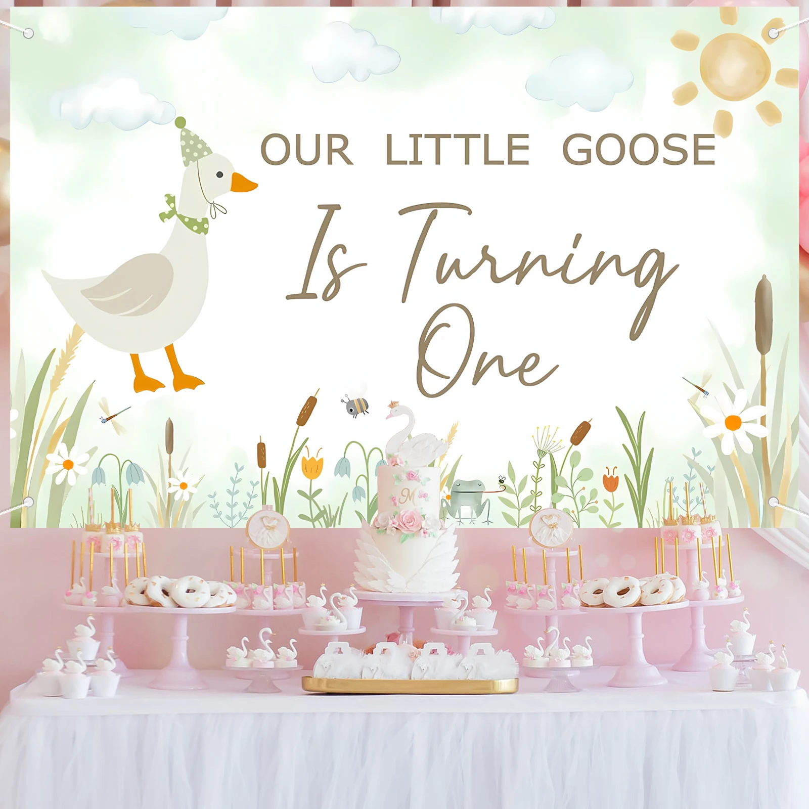 أوزتنا الصغيرة تتحول إلى خلفية واحدة من زينة حفلات أوزة خضراء لعيد الميلاد الأول بألوان مائية وخلفية كرتونية للأوز الصغير #5