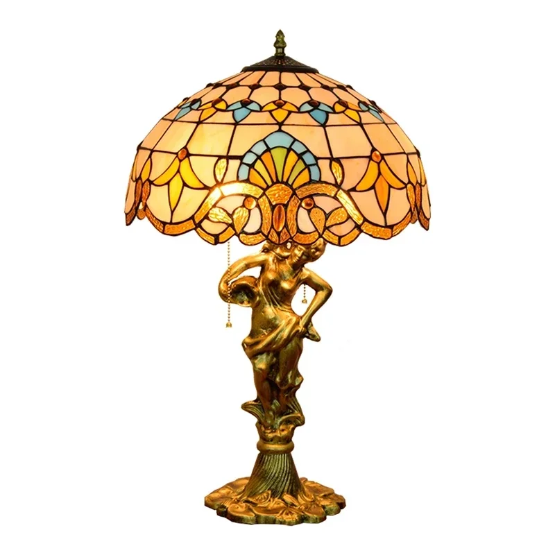 Antique Tiffany Stained Glass Table Lamp Decor Resin Base Table Lamp for Bedroom Reading Desk Baroque Style Desk Lamp
