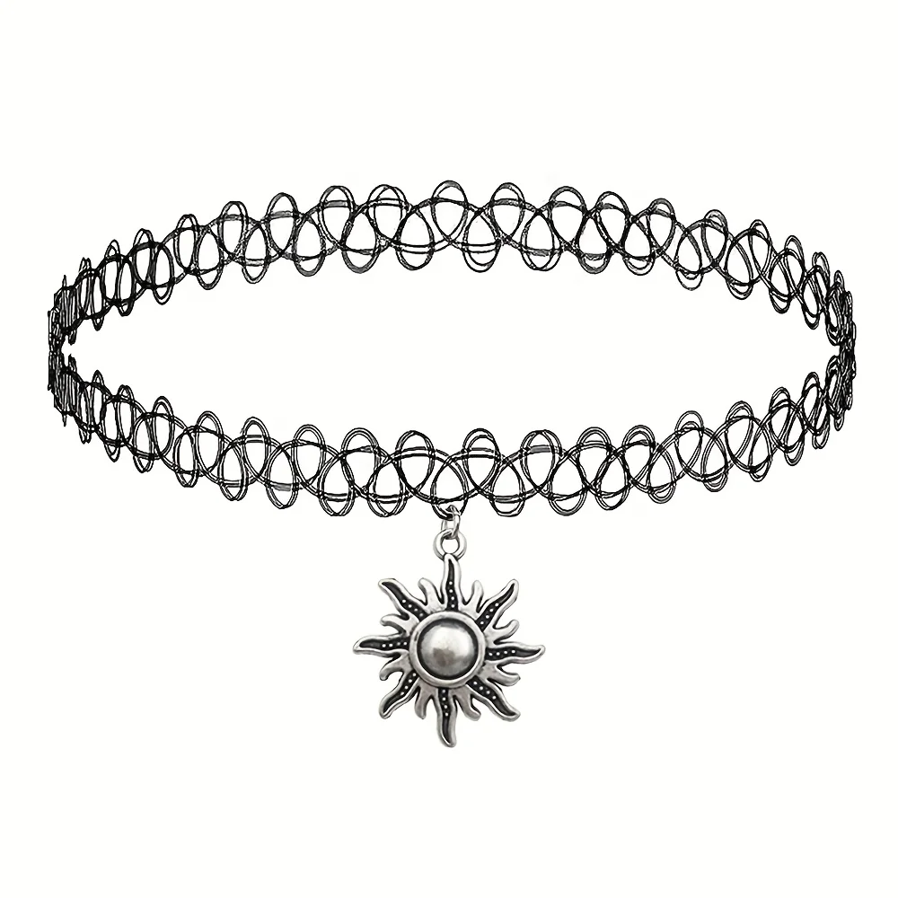 Gothic Sun Tattoo Choker Necklace Bohemian Sun Jewelry Y2K Black Necklace, Stretchy Elastic Necklace for Women And Girls