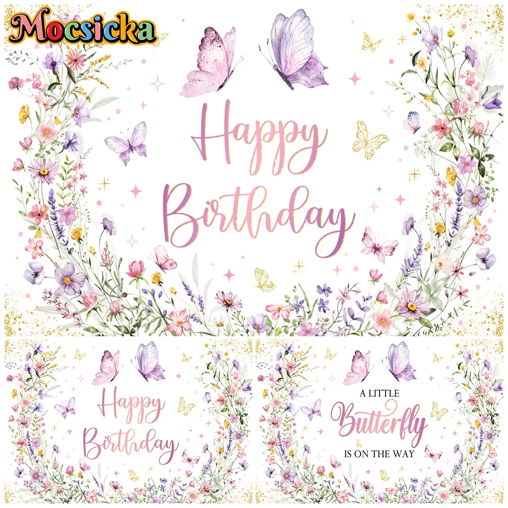Mocsicka Watercolor Wildflower Butterfly Happy Birthday Backdrop Pink Purple Floral Women Kid Girls Party Photography Background