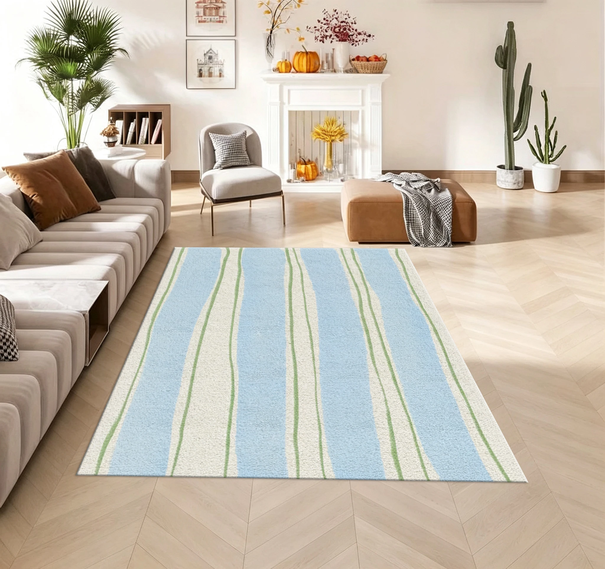 Light Blue Green Striped Carpet Flooring Minimalist Soft Area Rug Non‑Slip Floor Mat for Bedroom Kids Room Home Decoration