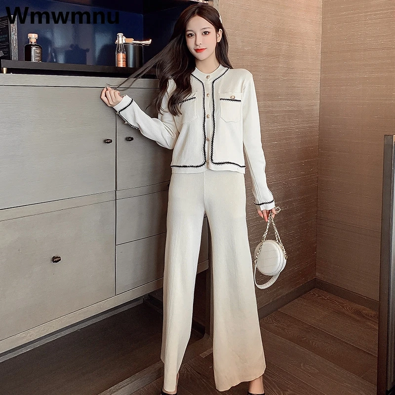 korean Knitted Pants 2 Piece Set casual Women short tops Conjuntos Elegant Spring Ankle-length Wide Leg Pantalones outfits