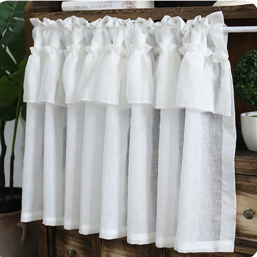 1Panel White Tier Double Pleated Half Curtains,with Faux Linen Look Semi Sheer Drapes ,Short Window Curtains for Kitchen Decor