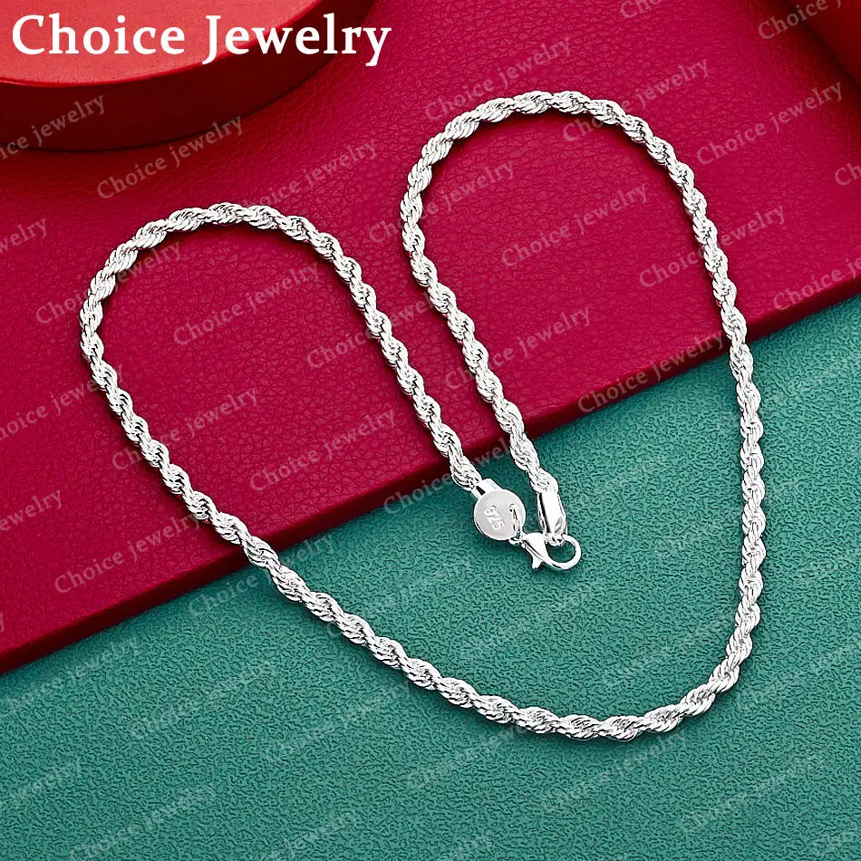 925 Sterling Silver 4mm Rope Chain Necklace For Women and Men Fashion Jewelry Basic Classic Party Accessories Birthday