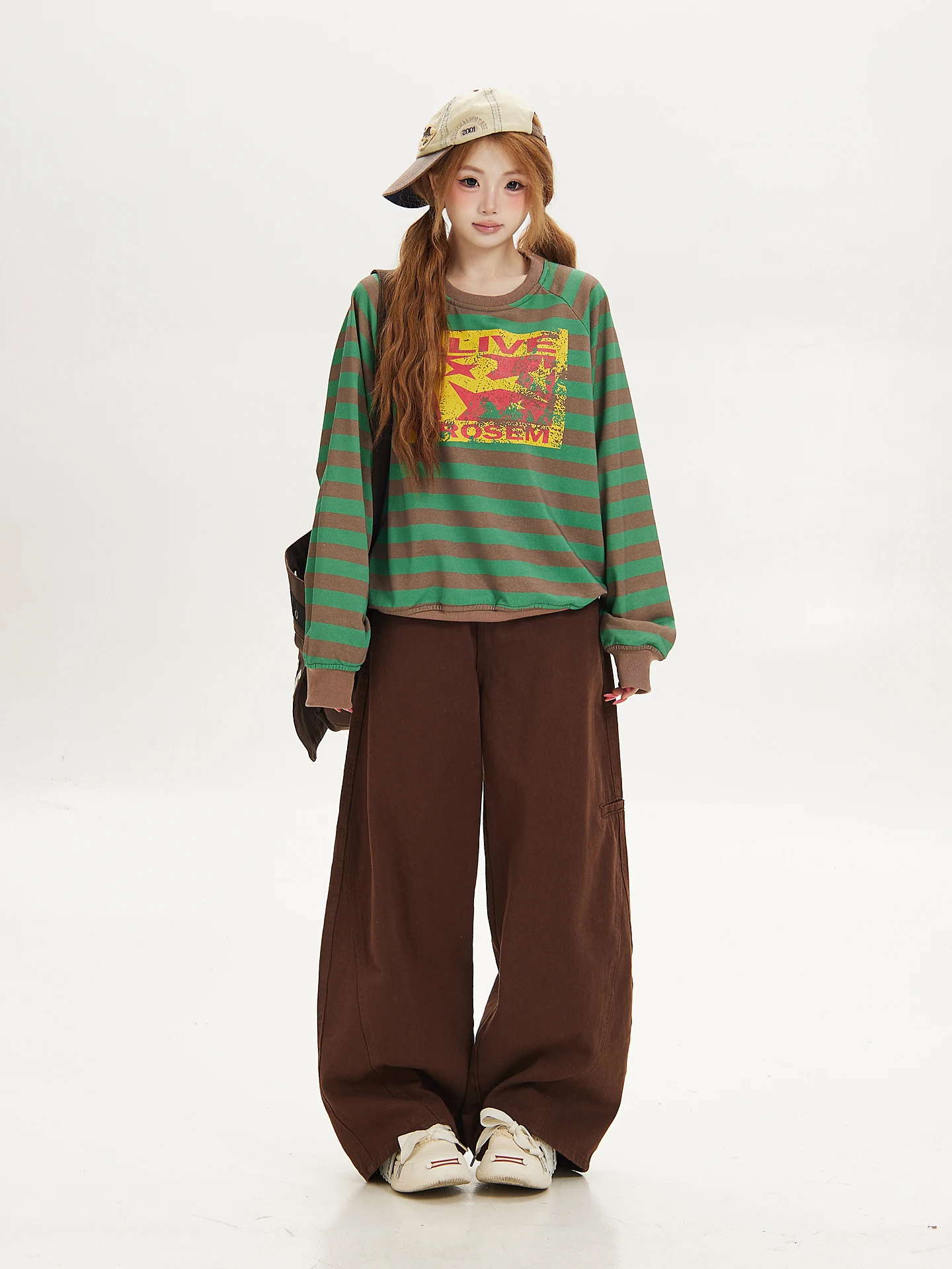 Ant American Retro Loose Fit Women's round Neck Striped Sweatshirt Autumn Lazy Style Overhead Shirt Comfortable Long Sleeve