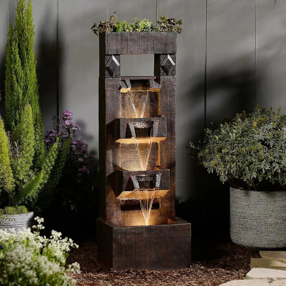 40.9 H 4-Tier Indoor/Outdoor Concrete Water Fountain with LED Lights and Pump, Outdoor Freestanding Cascading Waterfall - Suitab