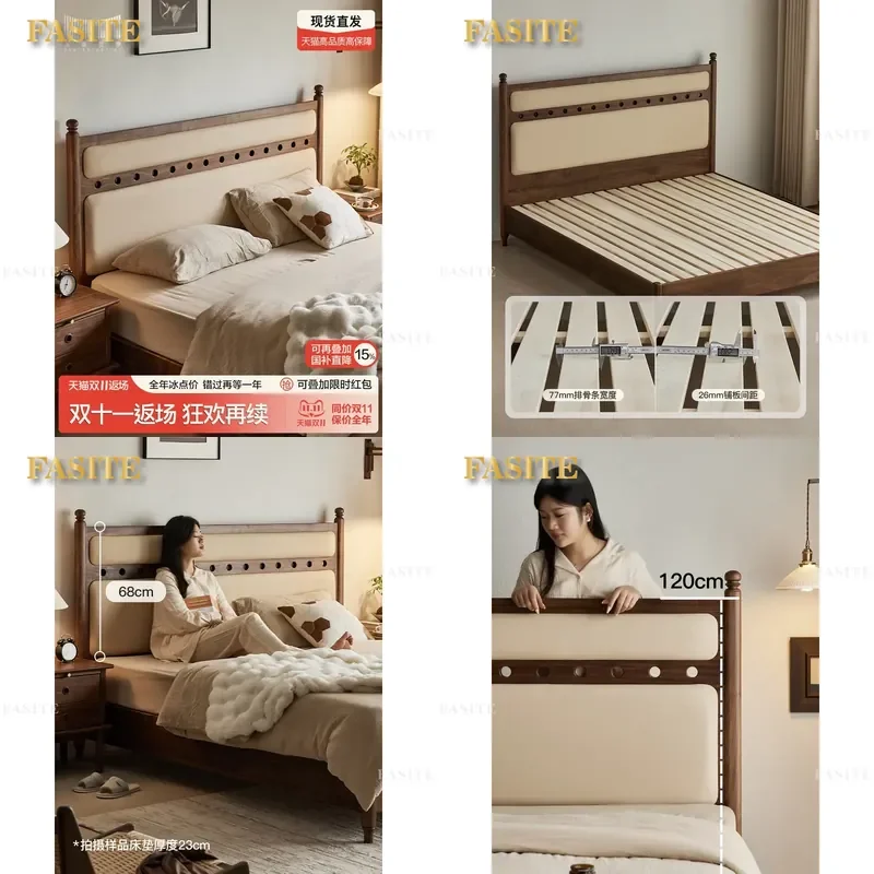 For 1.8m Bed Black Walnut Full Solid Wood Double Bed French Medieval Retro Style Master Bedroom High Backrest Soft