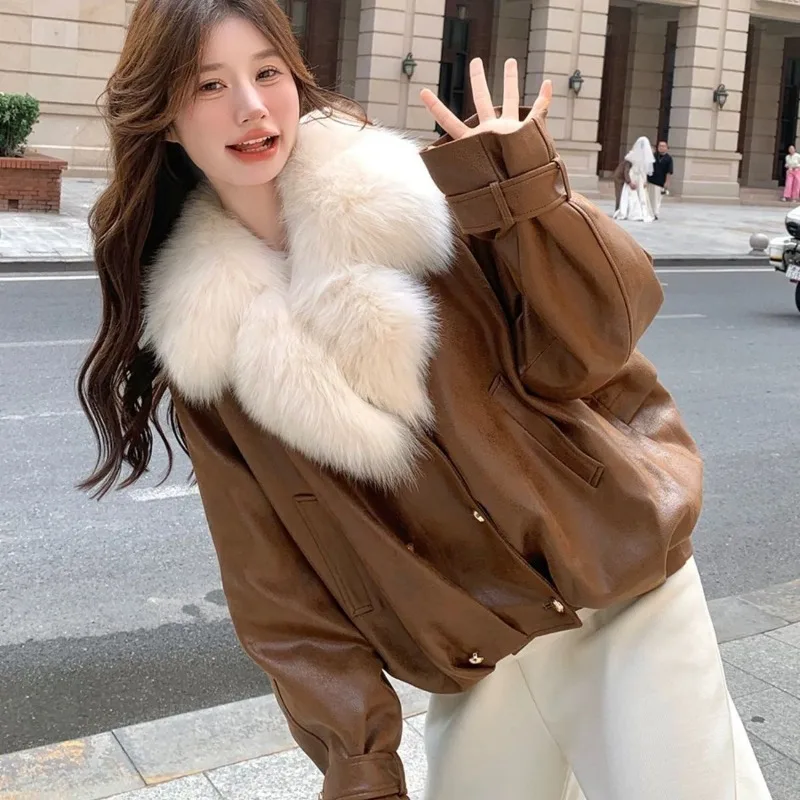 

Collar Short Down Jacket Korean Style Small and High-end PU Leather White Duck Down Jacket Women's Winter New Style Coat E12481