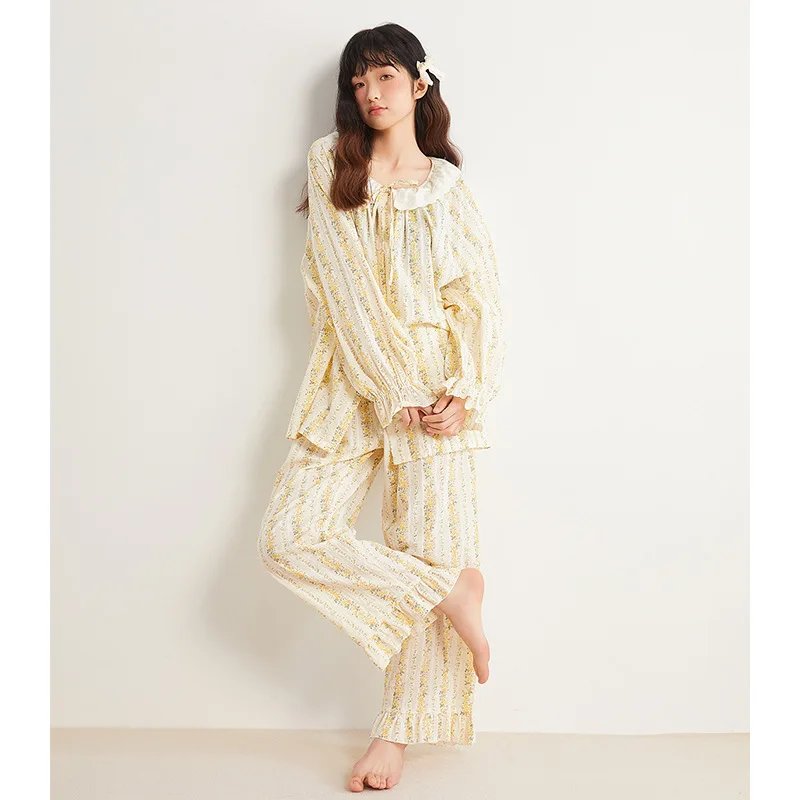 الربيع والخريف جديد منامة المرأة القطن الخالص جولة الرقبة سترة أصفر مخطط زهرة ملابس المنزل يمكن ارتداؤها في الخارج #4