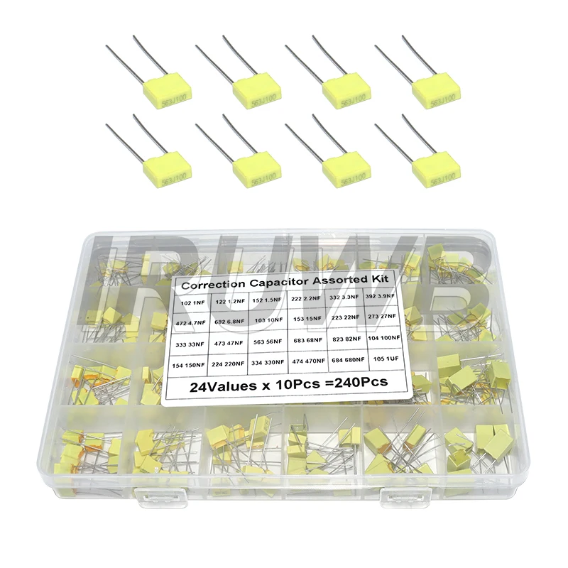 24Values × 10Pcs 100V 102J-105J Polypropylene Safety Plastic Film Capacitors Set 240Pcs Correction Capacitor Assorted Kit