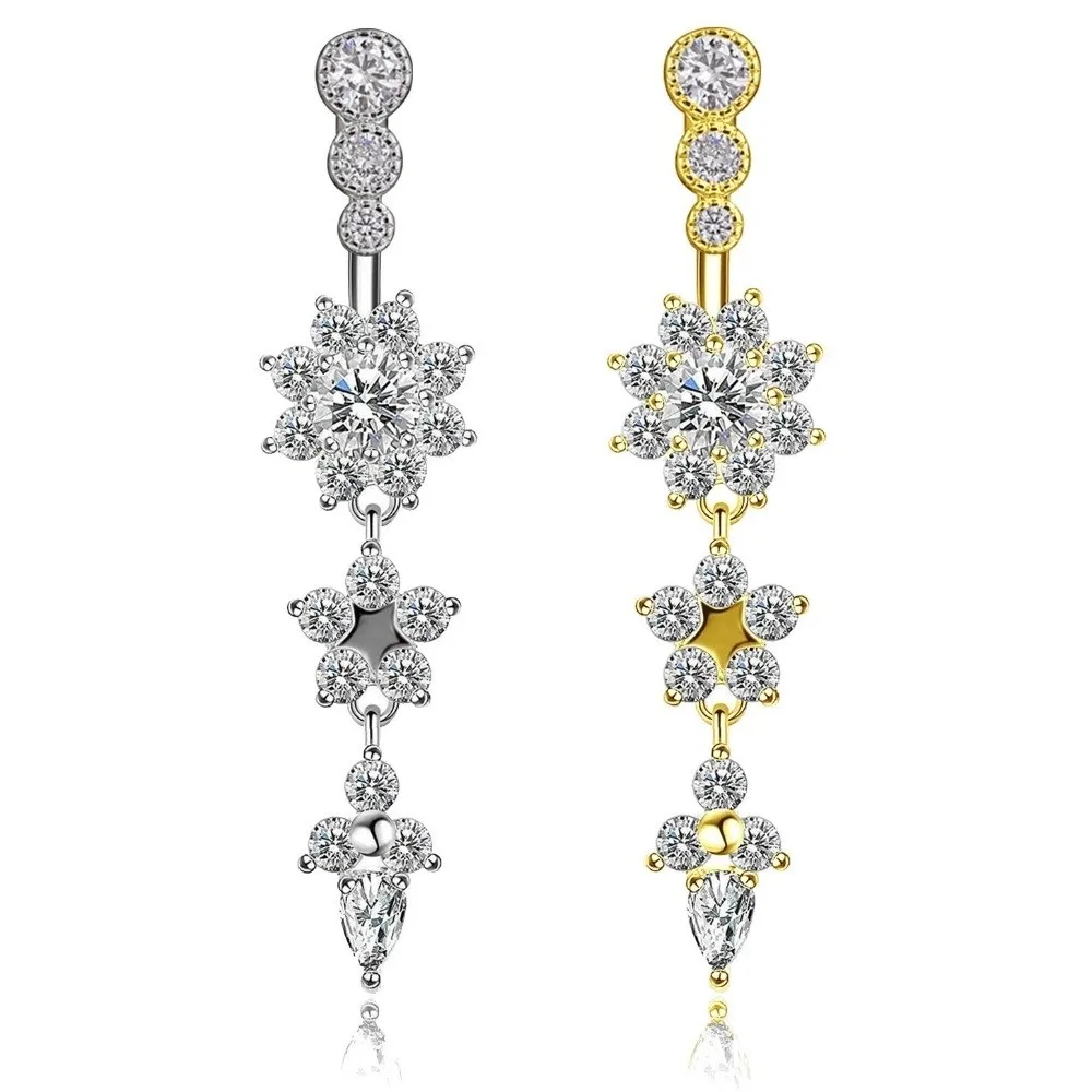 Shiny Copper Zircon Belly Button Ring Pink Flower Crystal Stainless Steel Navel Piercing Long Dangled Metal Body Jewelry Men