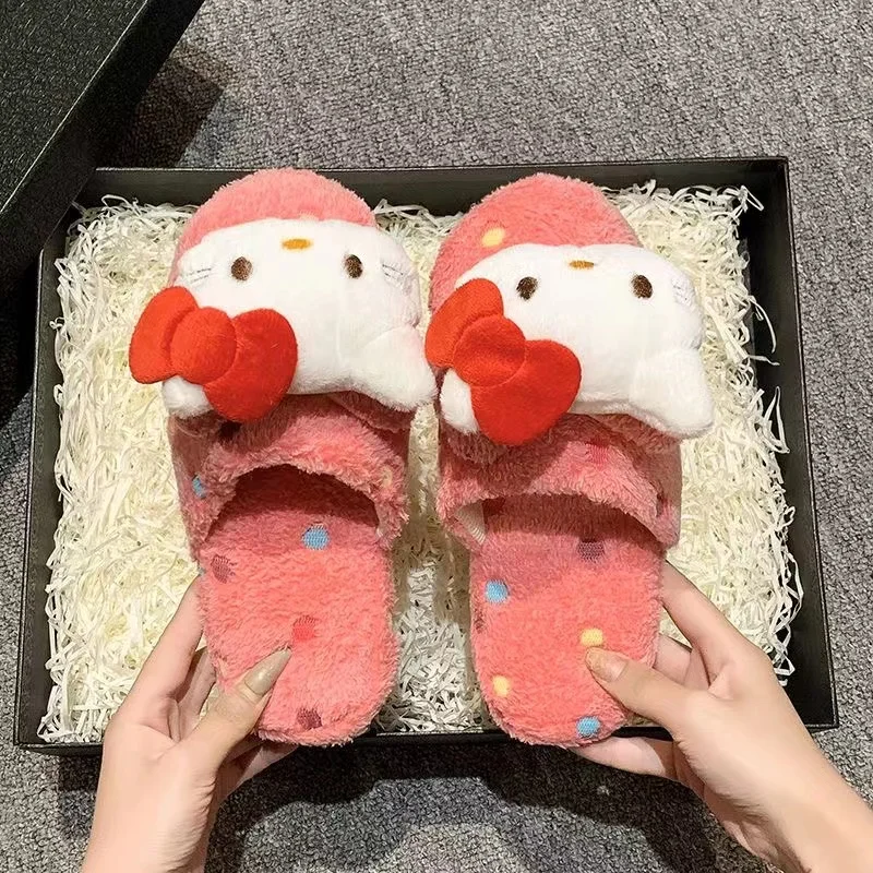 really pictures 2025 new autumn winter hello kitty red bow drop shipping blue ivory plus big size warm women's slippers