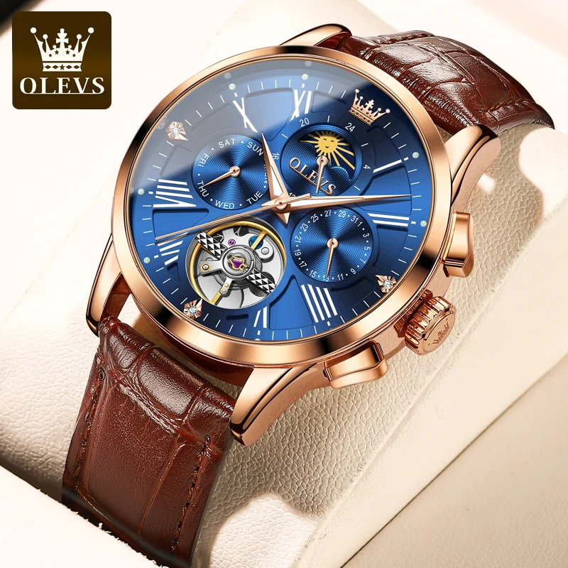 

OLEVS Mens Watches Top Brand Luxury Tourbillon Mechanical Watch for Men Fashion Leather Waterproof Calendar Mens Wristwatches