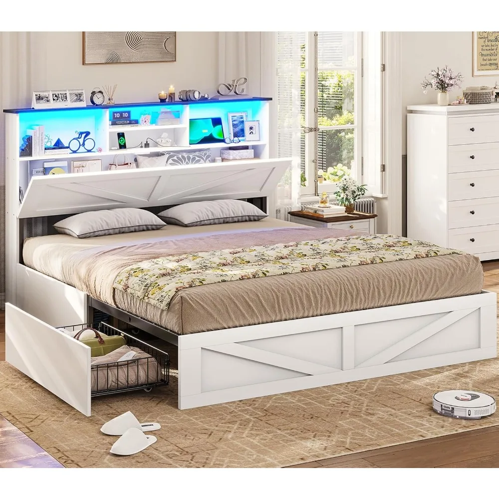Farmhouse Bed Frame Queen Size with Bookcase Storage Headboard, Charging Station and LED Lights, Wooden Queen Bed Frame
