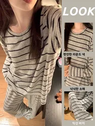 Cotton Sleepwear Women's Loose Long Sleeve round Neck Home Clothes Set Casual Striped Two-Piece Set for Spring Autumn Winter