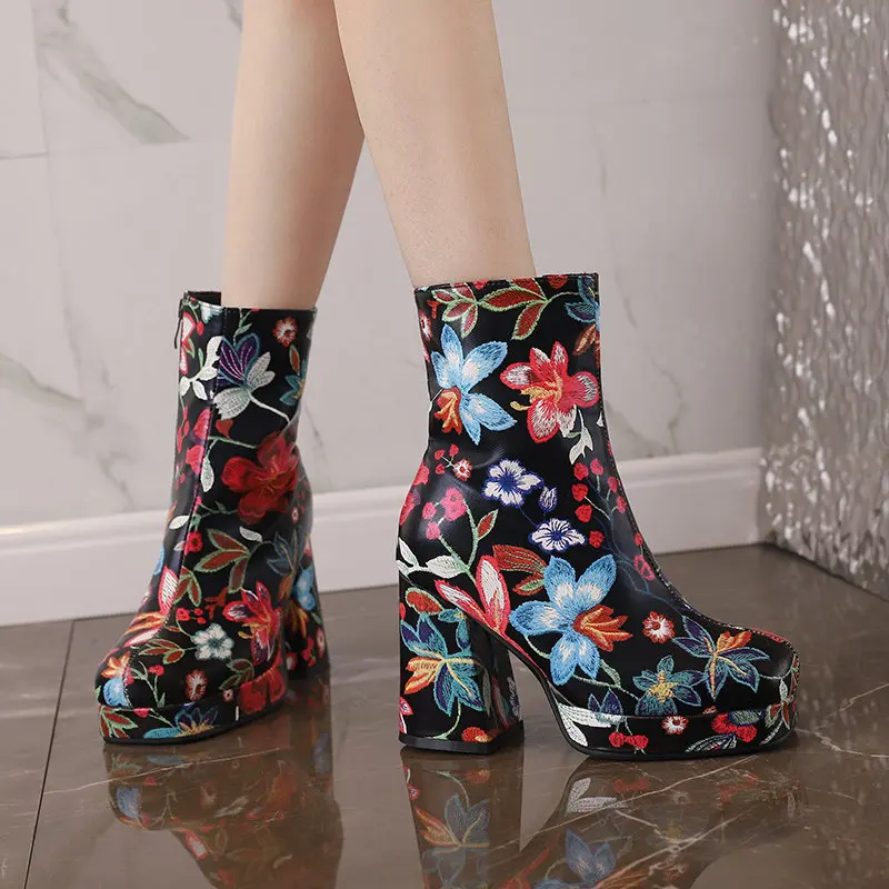 ORCHA LISA Platform 2cm Flower Zipper Plus Size 47 48 Casual Daily Bota 33 Fashion Women Ankle Boots Square Toe Chunky Heels 8cm