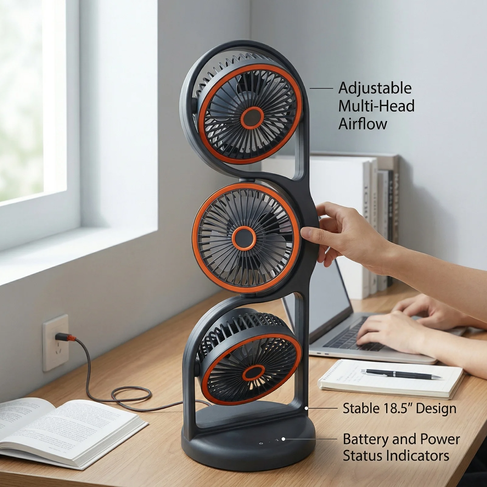 3 Head Fan Desk Fan USB Rechargeable Portable 3 Head Fan with Multiple Speed Settings Light for Study Work Outdoor Desk Fan