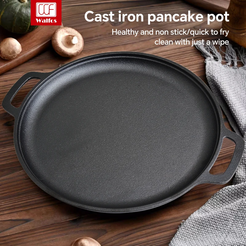 

Walfos Cast Iron Skillet Pan Round Pancake Pot with Dual Handle Outdoor Kitchen Pizza pan BBQ Grill Cookware Fry Pan