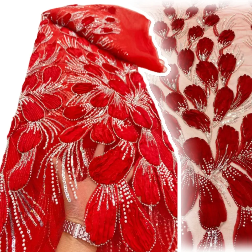 

African 3D Embroidery Beads Lace Fabric 2025 High Quality Frenc Sequins Embroidery Tulle Fabric for Party Dress Sewing SZ1746
