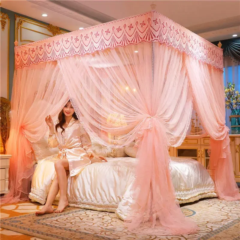 Luxury Lace Mosquito Tent with Stainless Steel Bracket Square Princess Palace Mosquito Net for Bed Queen King Canopy Bed Tent