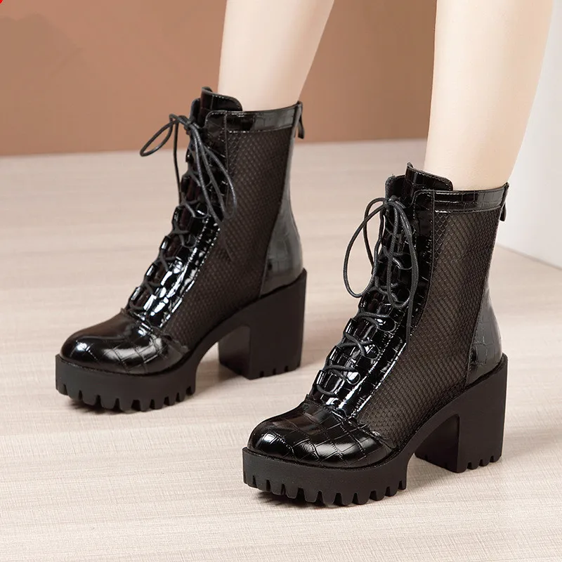 Plus Size 32-43 Lace up Genuine Leather Boots Women Shoes 2023 Summer Back Zip Medium Block Heel Cutout Boots Ladies Hole Shoe