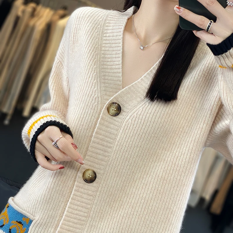 2023 100% Merino Wool Women\'s Clothes V-neck Cardigan Knitted Color Contrast Sweater Long Sleeve Thickened Pocket Casual Fashion