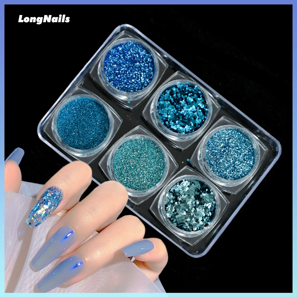 6pcs/Kit New Year Design Art Chunky Glitter Peony,Gold,Red,Blue Sequins+ Powder Ice Aurora Fancy Dot Chunky Nail DIY Glitter 187