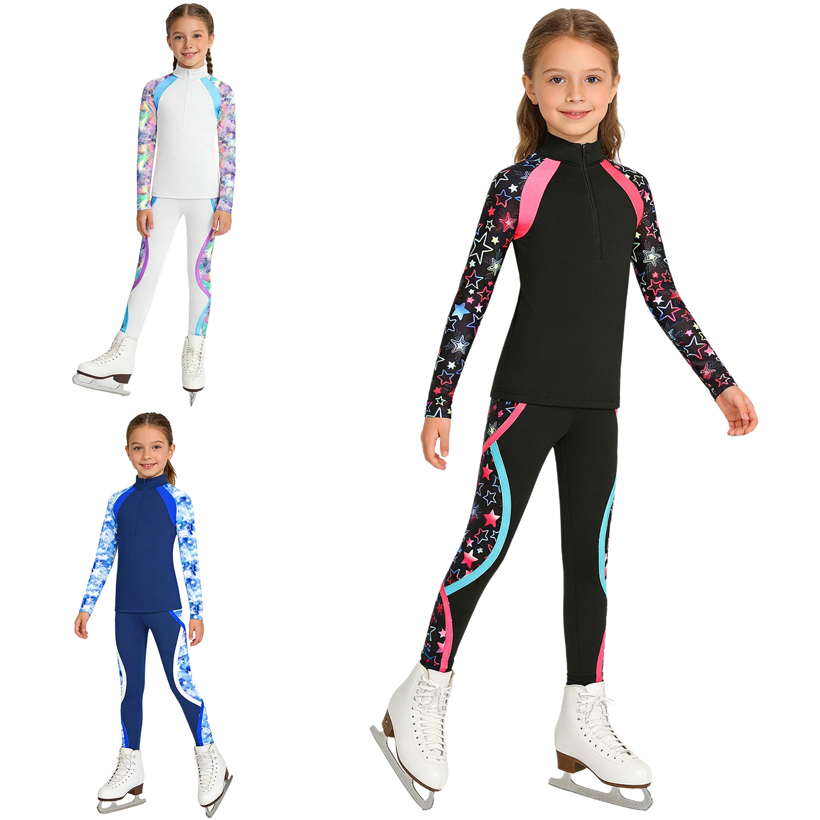 Children Girls Fleece-lined Gymnastics Figure Skating Ballet Dance Performance Outfit Zip-up Long Sleeve Pullover Top+Pants Sets