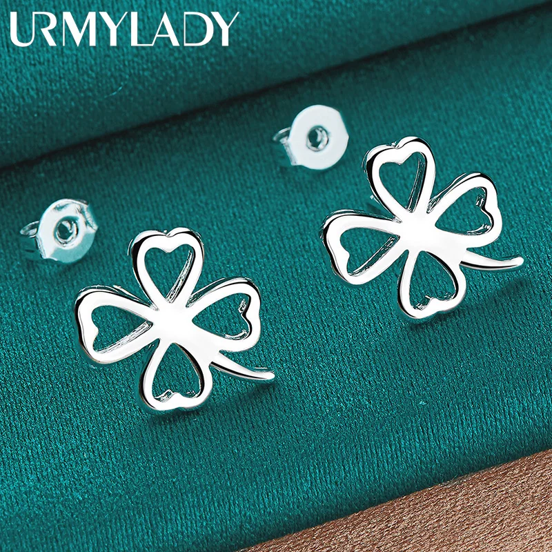 URMYLADY 925 Sterling Silver Four Leaf Clover Stud Earrings For Women Fashion Wedding Engagement Jewelry