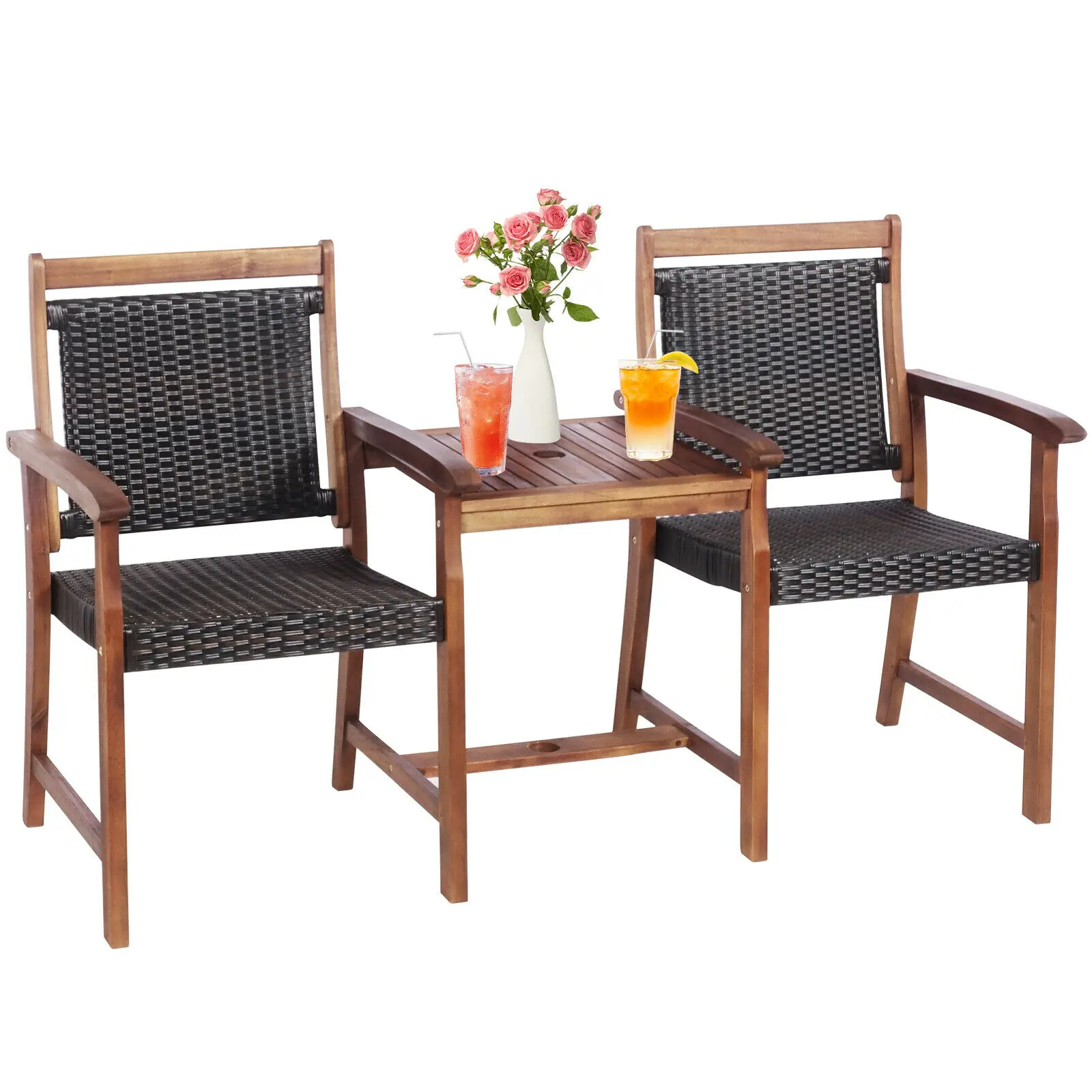 Patiojoy 2-Seat Patio Rattan Bench Acacia Wood Frame Table W/Umbrella Hole Deck  HW67675