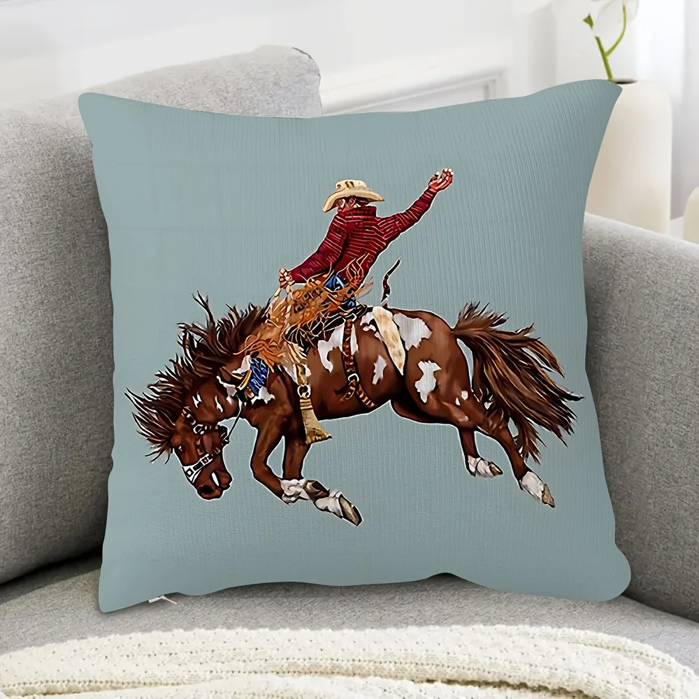Pillow Cover Cowboy Riding Bucking Horse Design Soft Plush Double Sided Hidden Zipper Machine Washable Sofa Bed Chair Decor