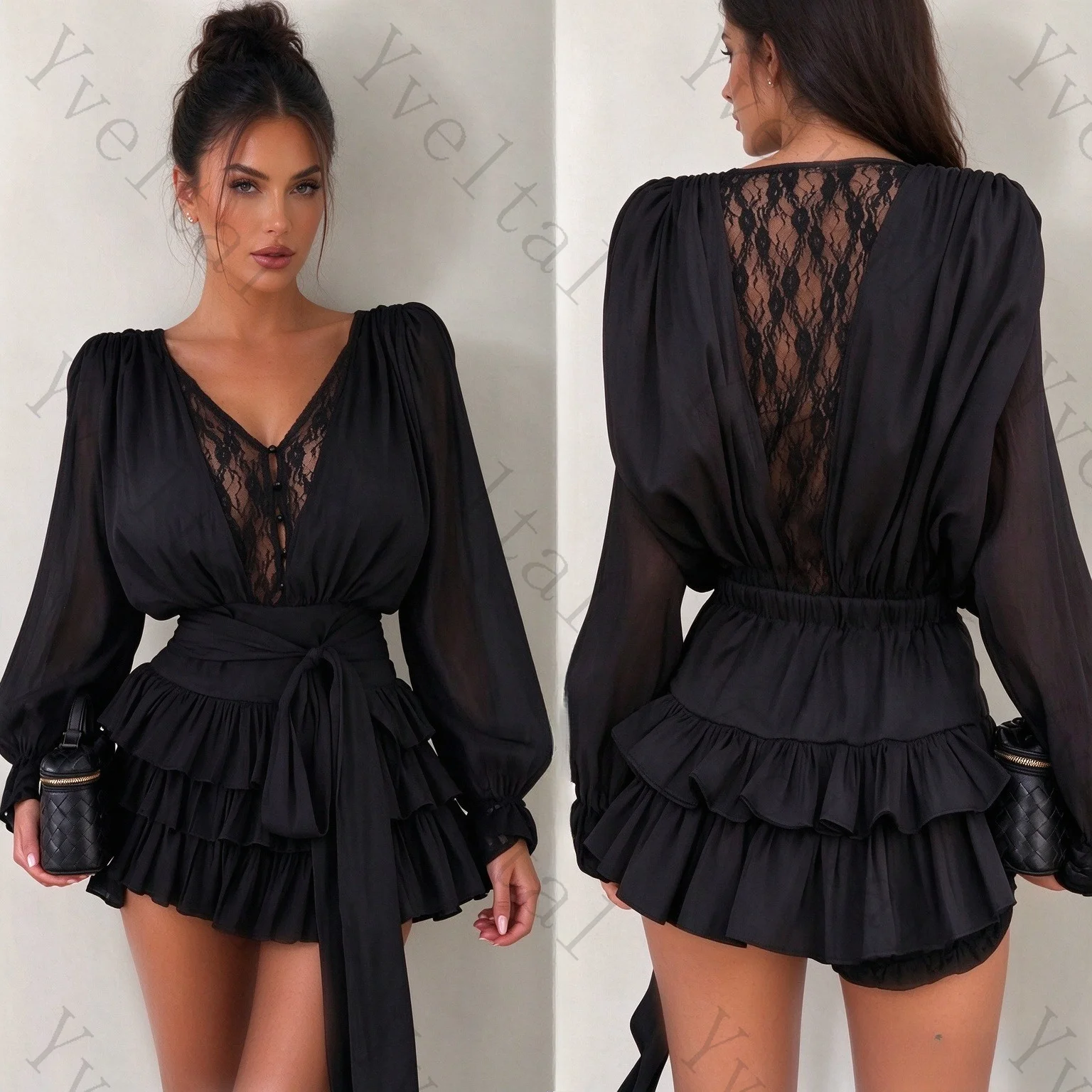 Customized V-Neck Lace Party Dress Long Puff Sleeve Backless Mesh Detail Ruffled Skirt Sash Waist Short Evening Gown for Club