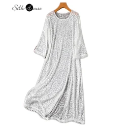 2024 Women's Casual New White Embroidery 100% Natural Mulberry Silk Half Perspective Falling Shoulder Sleeves Sunscreen Dress