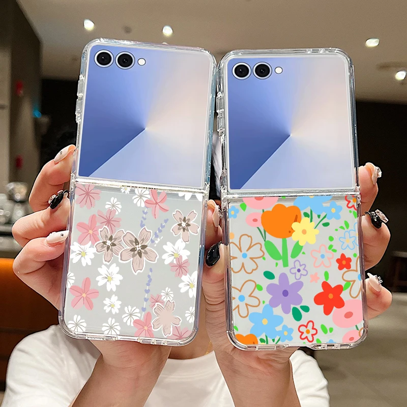 Soft TPU Clear Phone Case For Samsung Galaxy Z Flip 7 FE 6 5 4 3 5G Cartoon Flower Print Folding Cover For Samsung Z Flip7 Flip6